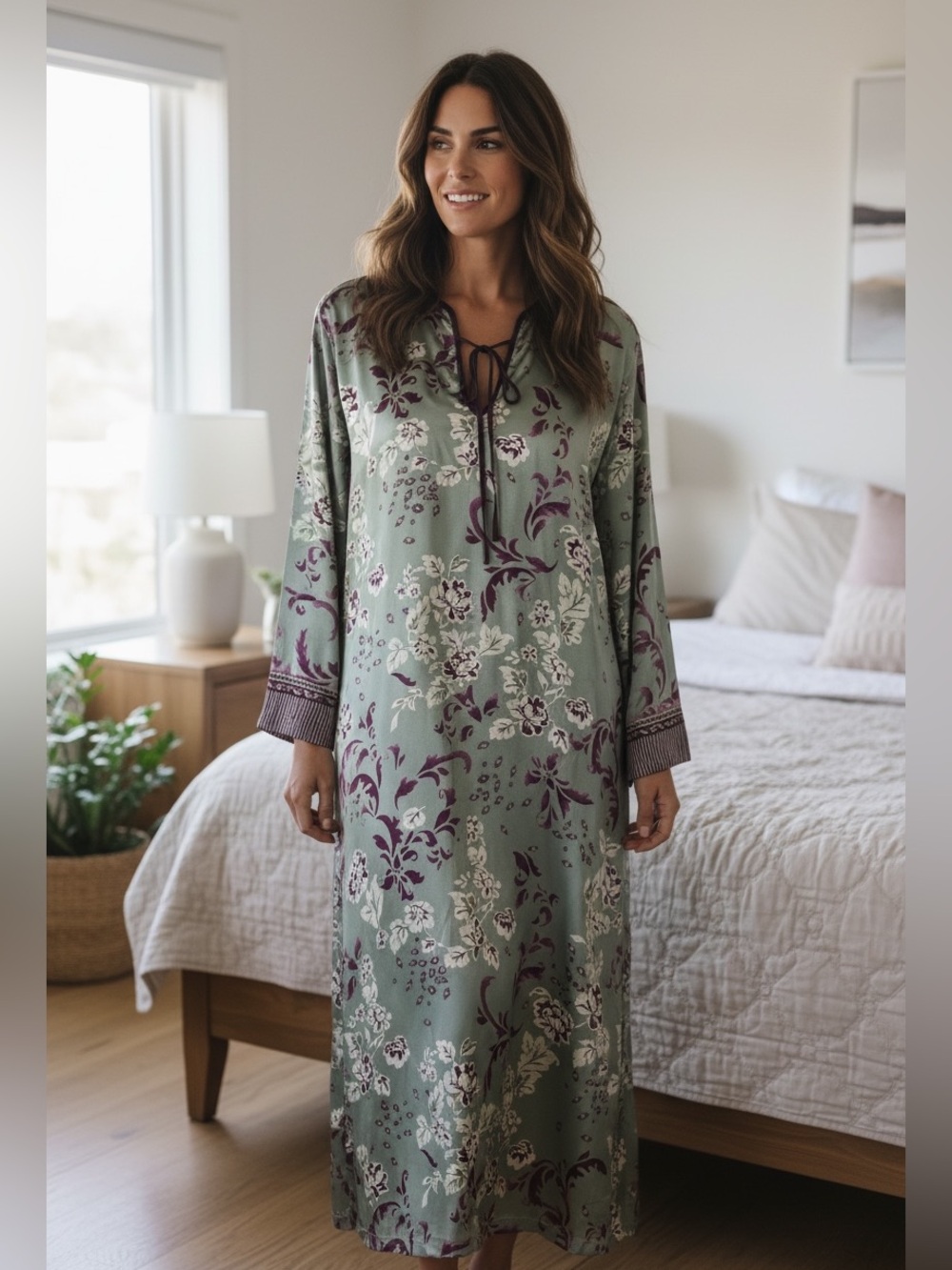 Vintage Halston robe features a sage green and wine floral satin design L/XL
